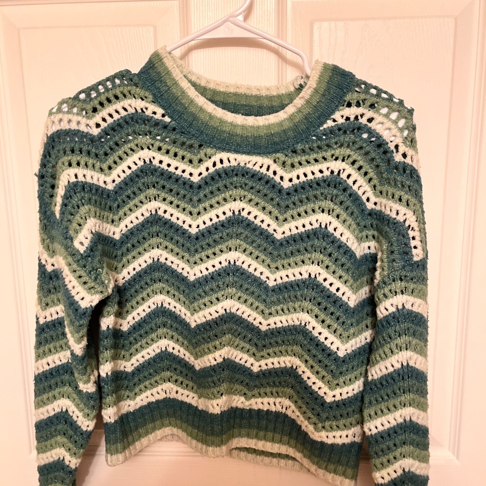 Pink Rose Green and White Chevron Crew Neck Sweater